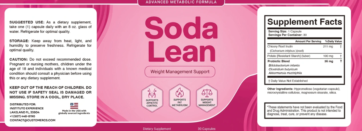 Soda Lean bottle label with directions and Supplement Facts